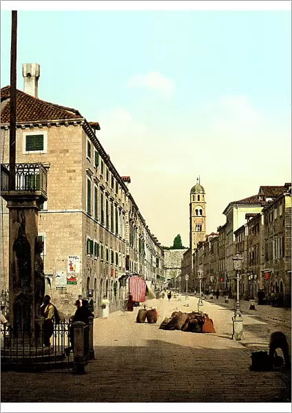 View of a road of Dubrovnik (Ragusa)with the church of the Franciscans