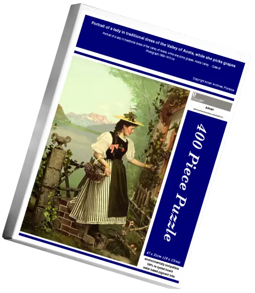 Portrait of a lady in traditional dress of the Valley of Aosta, while she picks grapes