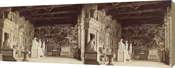 Stereoscopic image of the northern wing of the Camposanto di Pisa decorated with frescoes, statues and tombs