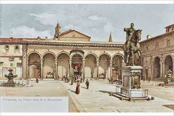 'Firenze - La Piazza della S.S. Annunziata', drawing by Gino Panerai, postcard, color printing