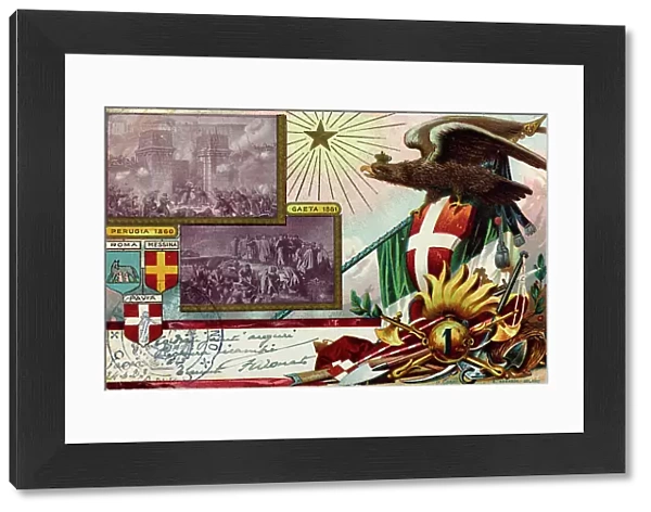 Postcard commemorating the 1 Engineers Regiment, detachment Rome, Messina, Pavia, illustration of Quinto Cenni (1845-1917)