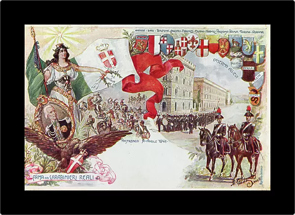 Postcard commemorating the Corps of the Royal Carabineers, students barrack