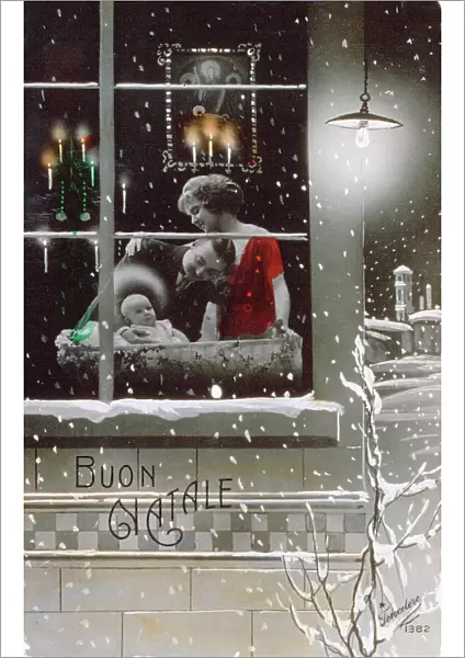 Christmas postcard. At the center, behind a window that has been drawn in, is a tender family scene