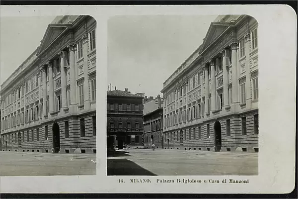 View of the house of Alessandro Manzoni, now Manzoni Museum, and of the Palazzo Belgioioso, Milan; Stereoscopic photography
