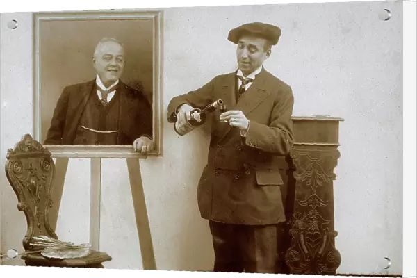 Humorous scene showing a painter who pours something to drink in a glass. On the left, the man portrayed in his painting looks at him delighted