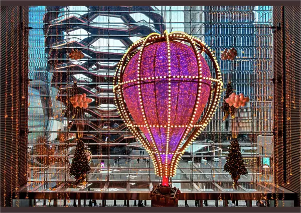 NYC, Manhattan, Hudson Yards, Shine Bright Christmas decorations with Hot Air Balloon, and The Vessel