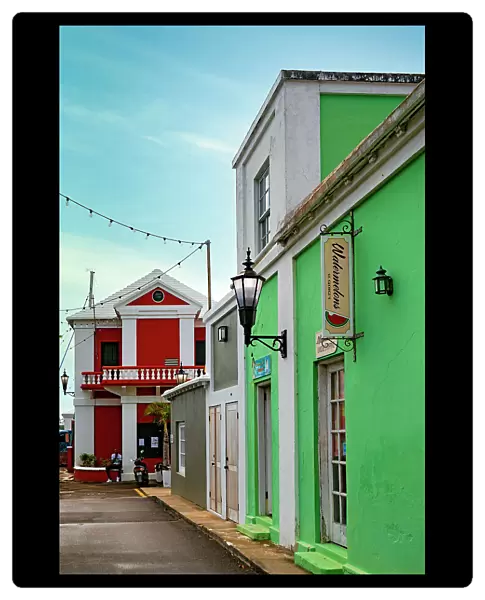 Bermuda, Saint George, King Street, Typical architecture, And Town Hall in the background