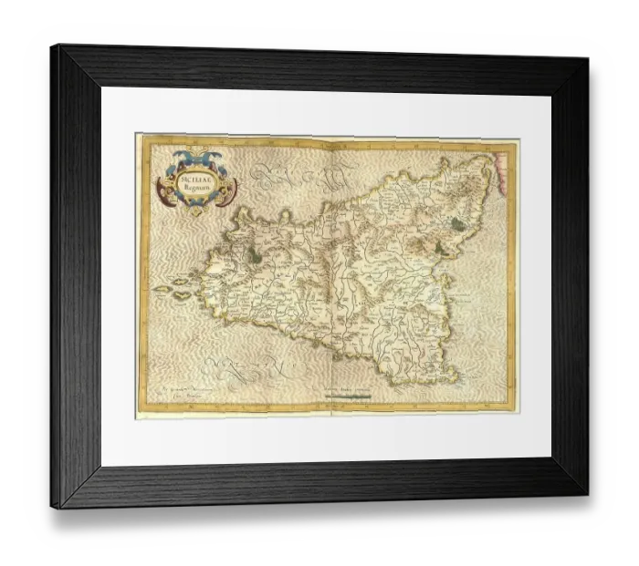 Framed Print : Gerhard Mercator's 1623 Engraving Print of Sicily Framed Print : Gerhard Mercator's 1623 Engraving Print of Sicily