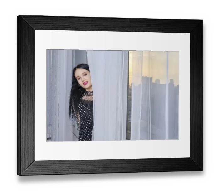 Framed Print : Cute Young Woman Peeking Out of the Curtain Print Framed Print : Cute Young Woman Peeking Out of the Curtain Print