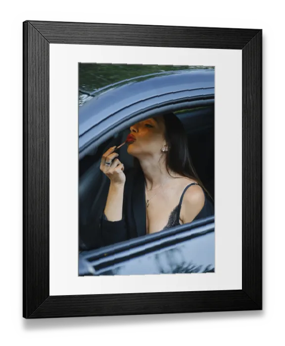 Framed Print : Gorgeous Woman Applying Lipstick in the Car Print Framed Print : Gorgeous Woman Applying Lipstick in the Car Print