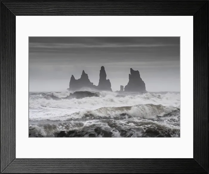 Framed Print : Storm with strong surf, rock needles Print, South Iceland Framed Print : Storm with strong surf, rock needles Print, South Iceland