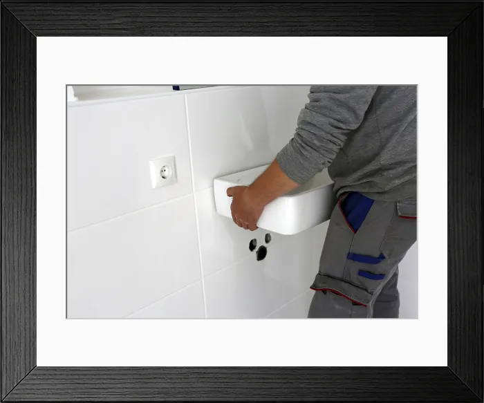 Framed Print : Plumber Installs New Washbasin Print Framed Print : Plumber Installs New Washbasin Print