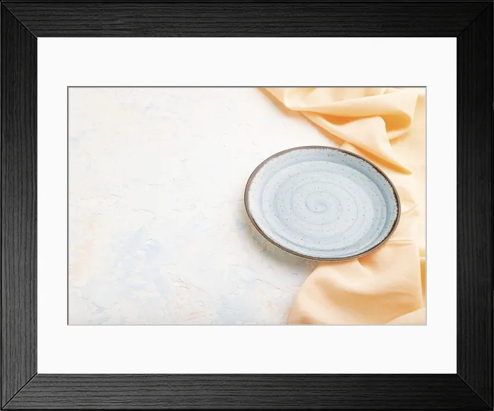 Framed Print : Empty Blue Ceramic Plate Print on White Concrete Framed Print : Empty Blue Ceramic Plate Print on White Concrete