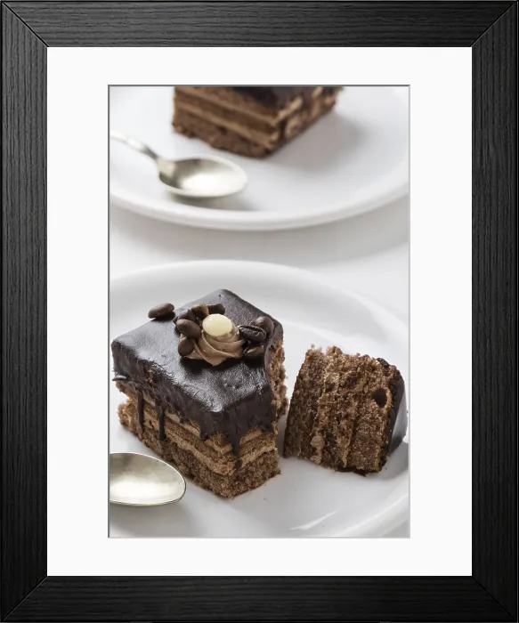 Framed Print : Chocolate and Coffee Cake Print on White Plate Framed Print : Chocolate and Coffee Cake Print on White Plate