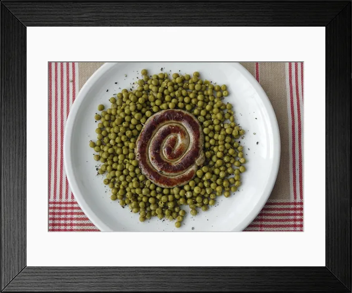 Framed Print : Bratwurst Snail Print with Peas on a Plate Framed Print : Bratwurst Snail Print with Peas on a Plate