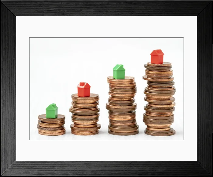 Framed Print : Stacked Coins with Mini Houses Print Framed Print : Stacked Coins with Mini Houses Print