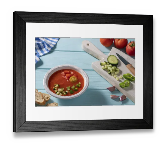 Framed Print : Gazpacho Andaluz Print on Light Blue Background Framed Print : Gazpacho Andaluz Print on Light Blue Background