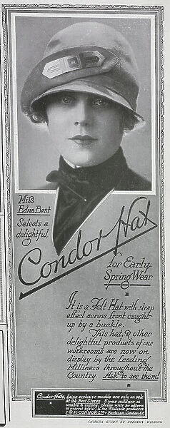 Advertisement for Condor Hats. Showing Mrs Edna Best modelling a hat. With description, It is a felt hat with strap effect across the front, caught up by a buckle'. Edna Clare Best, actress (1900-1974). Date: 1925