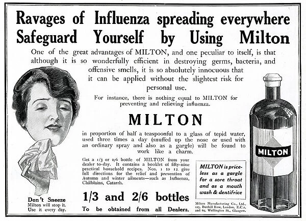 Advert for Milton against influenza 1918