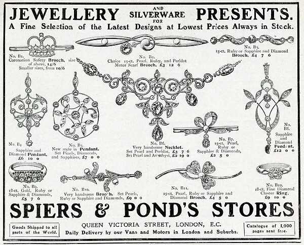 Advert for Spiers & Ponds stores, jewellery 1911
