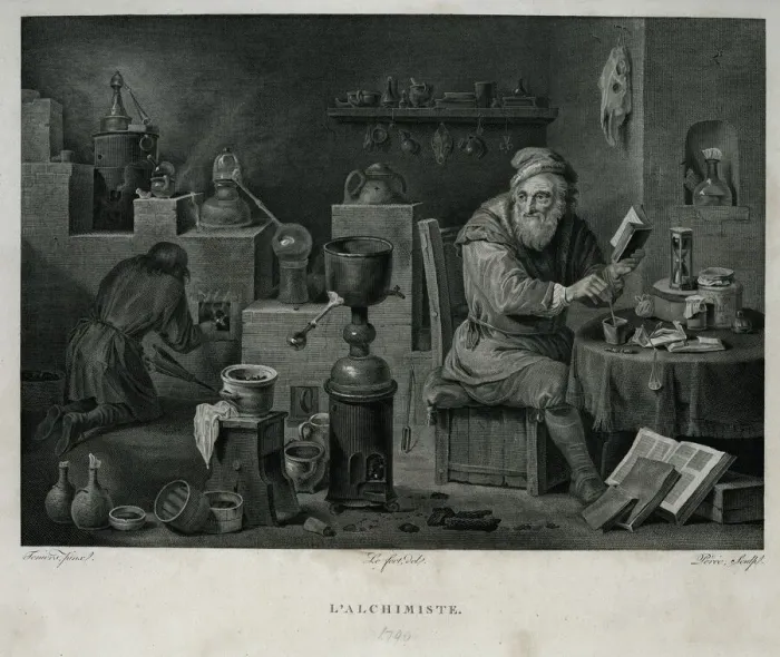 Framed Print : Black and white print of an alchemist at work Framed Print : Black and white print of an alchemist at work