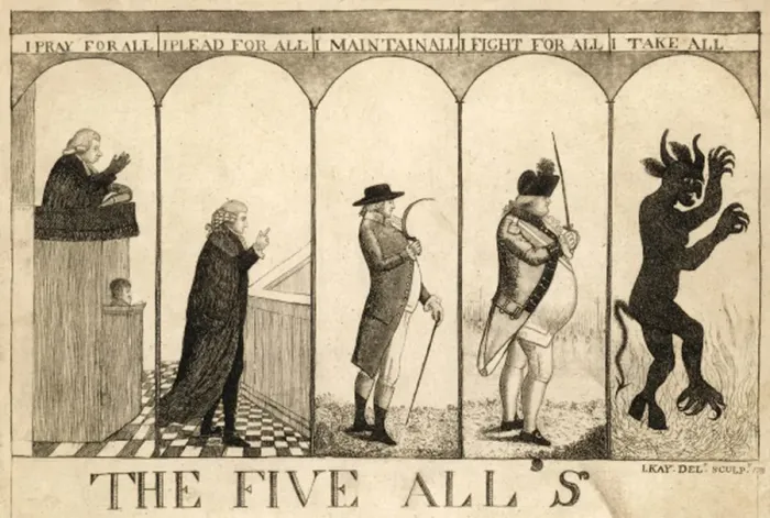 Framed Print : The Five Alls Satirical Print by John Kay Framed Print : The Five Alls Satirical Print by John Kay