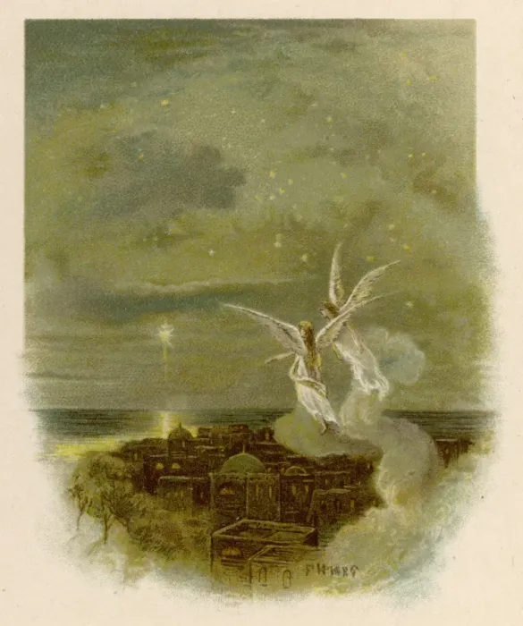 Framed Print : Print of Two Angels Over Eastern Town Roofs Framed Print : Print of Two Angels Over Eastern Town Roofs