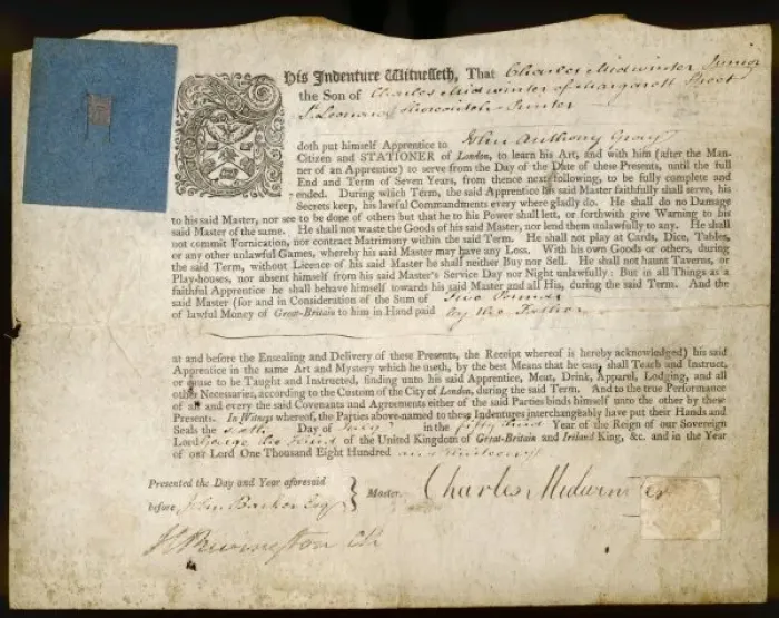 Framed Print : Apprentice Indenture Print, Charles Midwinter Junior to John Anthony Gray Framed Print : Apprentice Indenture Print, Charles Midwinter Junior to John Anthony Gray