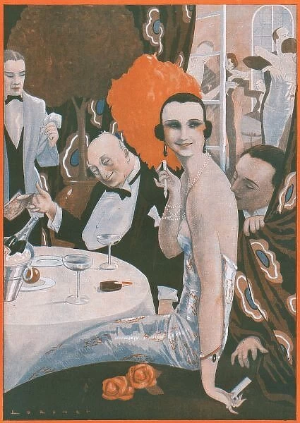 Art deco illustration of caf scene in Paris, 1923