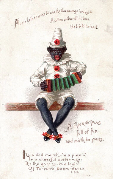 Black clown playing concertina on a Christmas card