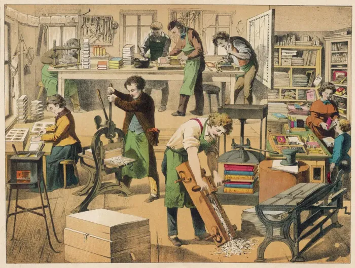 Framed Print : Domestic Scene Print of Bookbinding Workshop