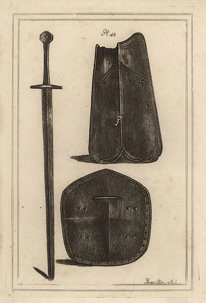 Breastplate, shield and two-handed sword
