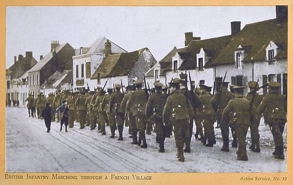 British Infantry march through a French Village - WWI
