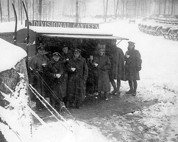 British soldiers at divisional canteen in snow, WW1