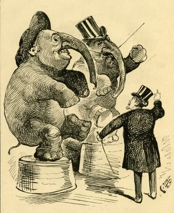 Framed Print : Cartoon Print of a Ringmaster with Performing Elephants
