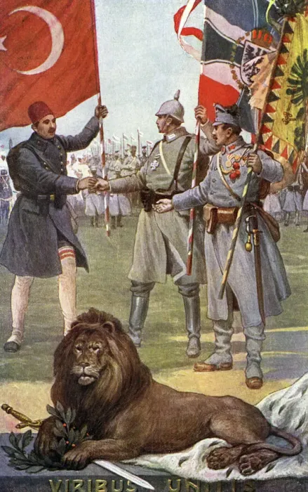 Framed Print : Print of the Central Powers shaking hands with flags Framed Print : Print of the Central Powers shaking hands with flags