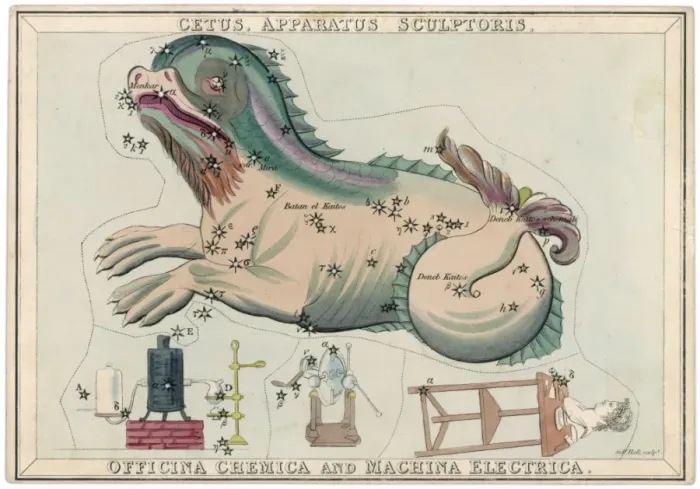 Framed Print : Cetus Star Map Print featuring a sea monster and industrial elements Framed Print : Cetus Star Map Print featuring a sea monster and industrial elements
