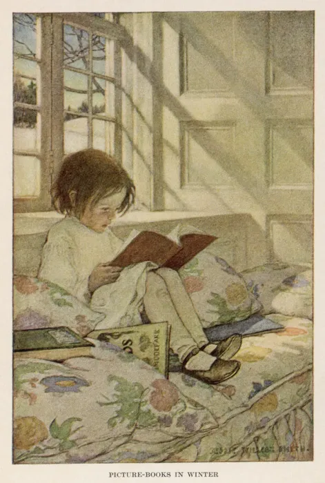 Framed Print : Child Reads at Window Print: Winter Scene with Picture Books Framed Print : Child Reads at Window Print: Winter Scene with Picture Books