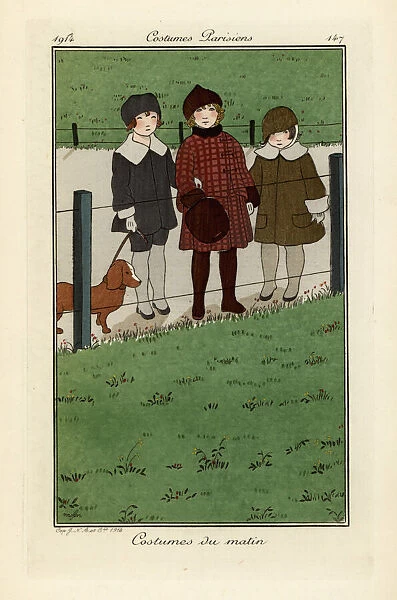 Children in hats and coats with a dog