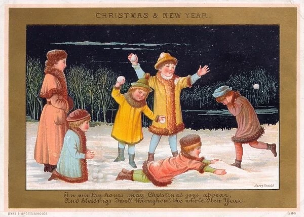 Six children snowballing on a Christmas card