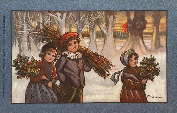Three children in a snowy landscape