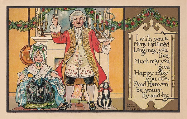 Christmas postcard depicting a happy 18th century man with his daughter