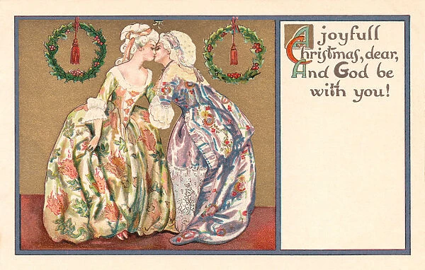 Christmas postcard depicting 2 18th century ladies kissing