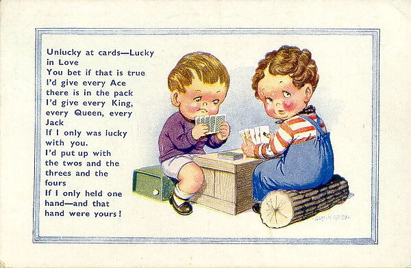 Comc postcard, Little boys playing cards