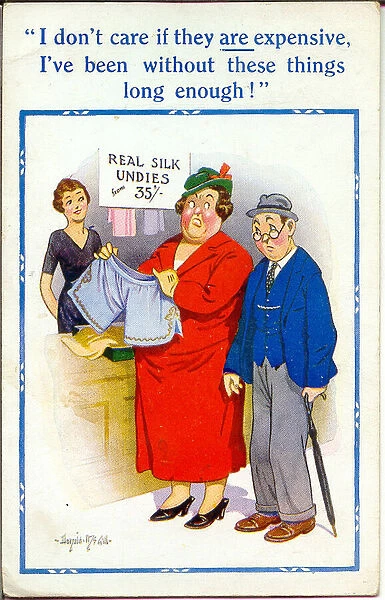 Comic postcard, Couple at an underwear counter - real silk undies Date: 20th century