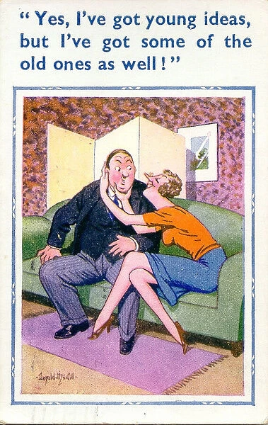 Comic postcard, Middle aged couple on a sofa