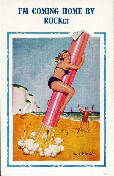 Comic postcard, Woman on beach riding stick of rock Date: 20th century