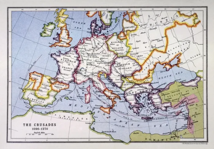 Framed Print : Crusades Map Print: 1096-1270 Europe Routes Framed Print : Crusades Map Print: 1096-1270 Europe Routes