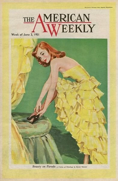 David Wright woman in frilly yellow evening dress