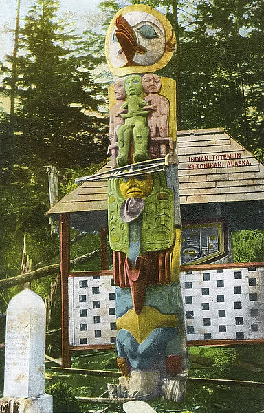 Decorated totem pole, Ketchikan, Alaska, USA